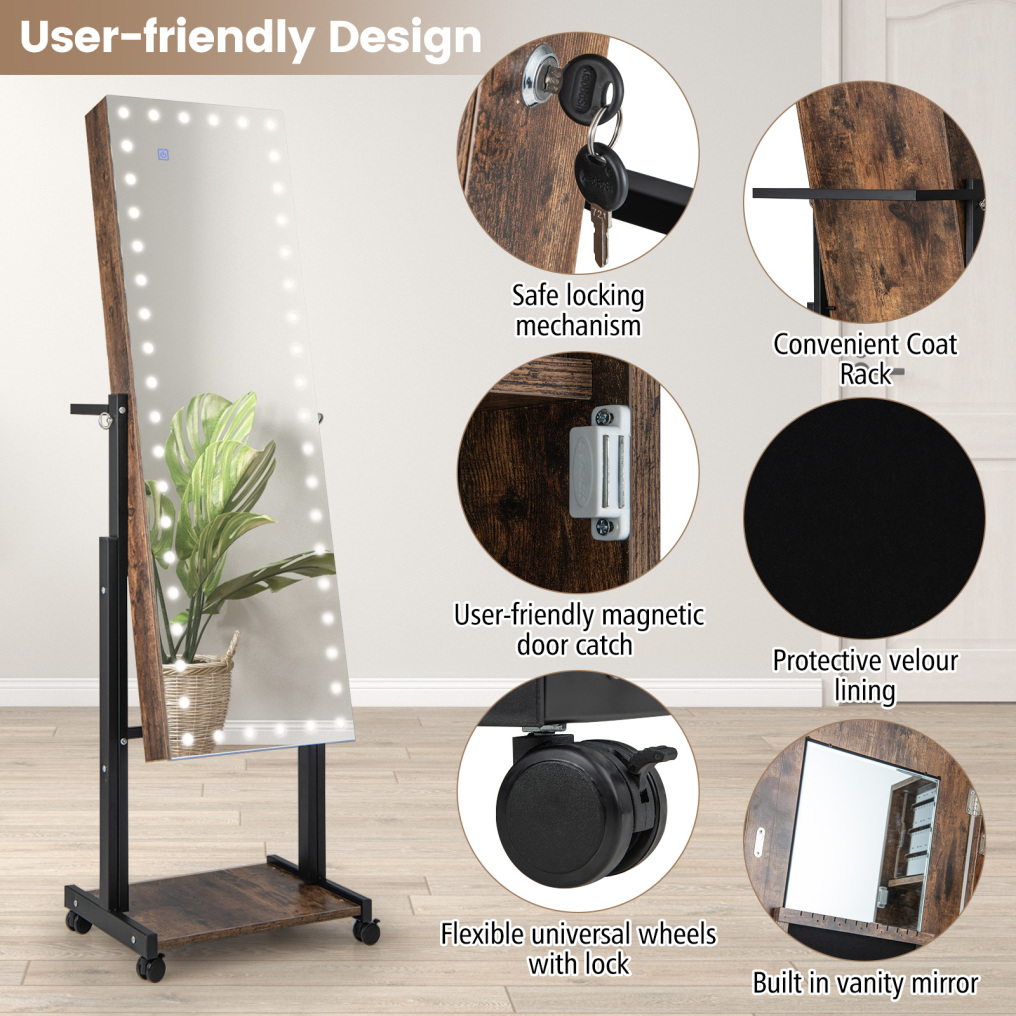 3-Color 46 LED Lights Mirror Jewelry Cabinet Armoire Adjustable Height with Wheels-Brown